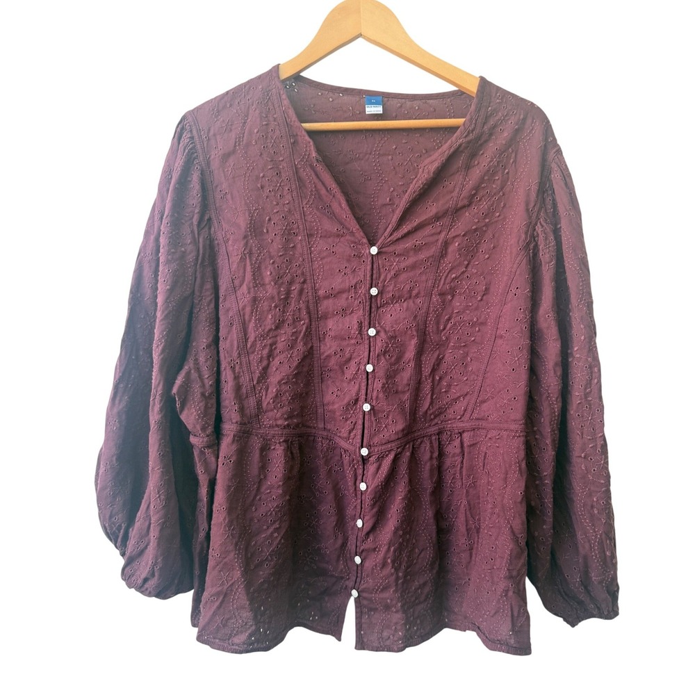 Old Navy Womens Boho Long Sleeve Peplum Peasant Top 3X Eyelet Embroidered Button - Picture 2 of 9